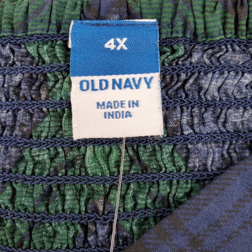 Old Navy Womens 4X Blue Green Plaid Puff Sleeve Peplum Smocked Top 100% Cotton